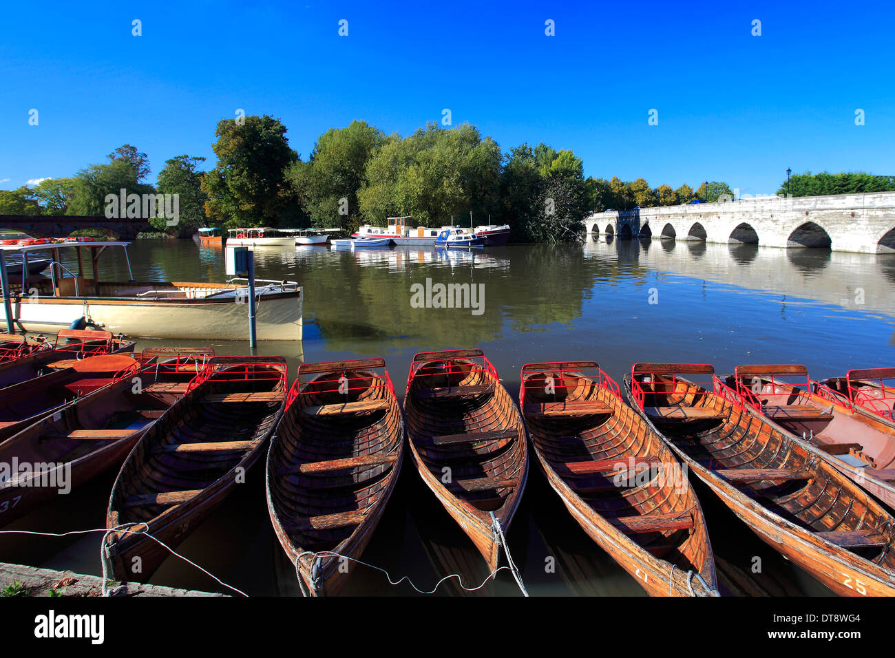 Une ligne de l'aviron bateaux à louer mouillée par la rivière Avon, Stratford-upon-Avon, Warwickshire, Angleterre ville ; Grande-Bretagne ; UK Banque D'Images