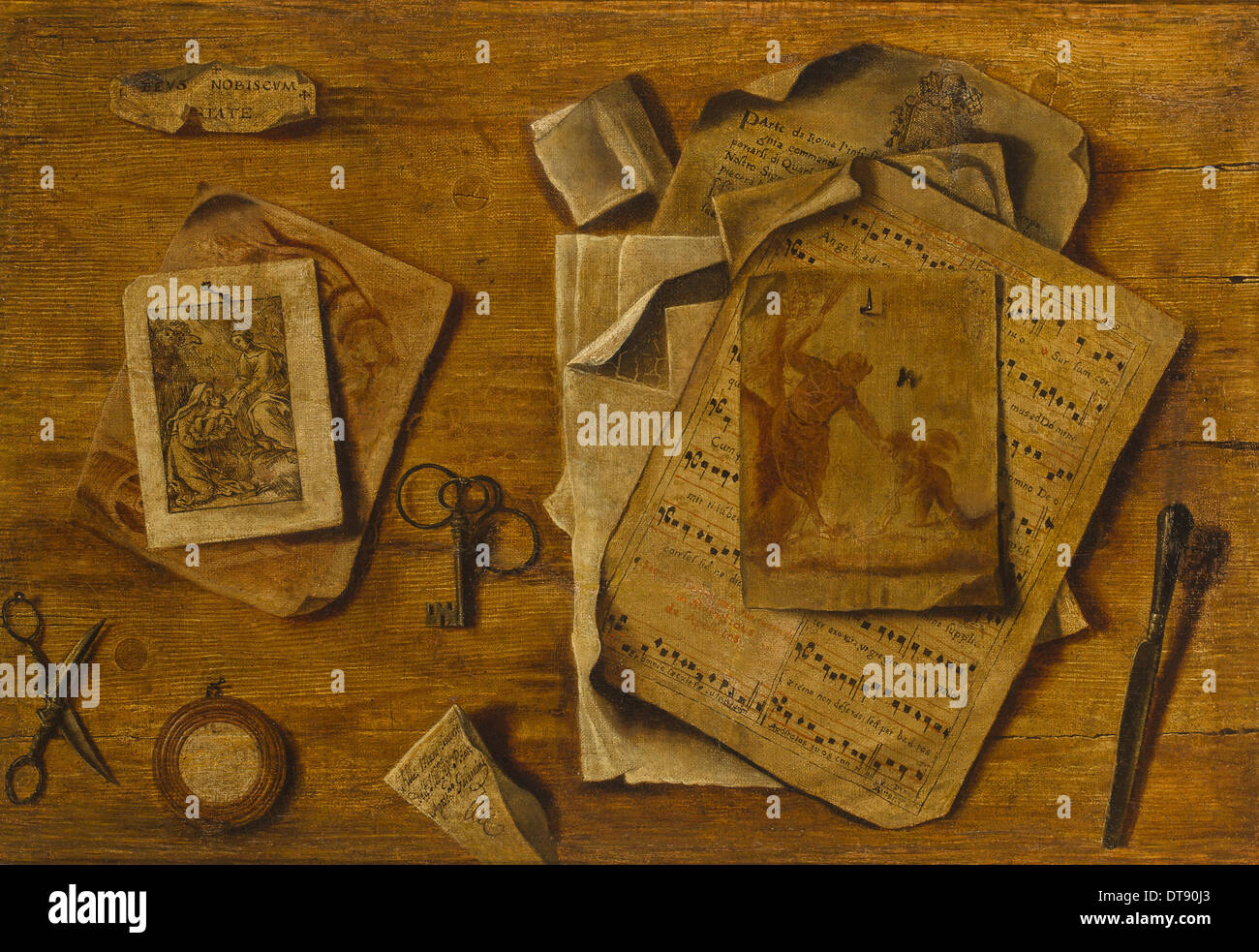 En trompe-l'oeil avec partition de musique, des dessins et des clés, c. 1800. Artiste : Anonyme Banque D'Images