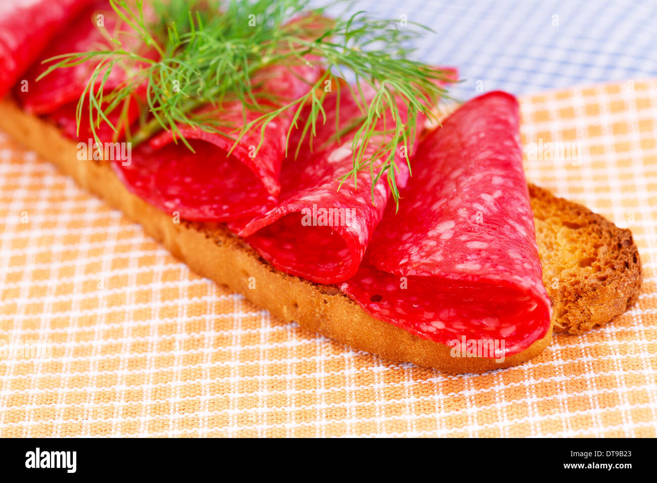 Avec sandwich au salami et l'aneth isolé sur des essuie-tout. Banque D'Images