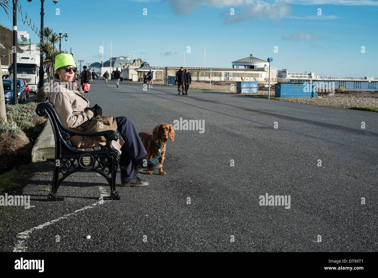 Une femme assise sur un banc sur la promenade de Worthing dans le soleil d'hiver. Photo par Julie Edwards Banque D'Images