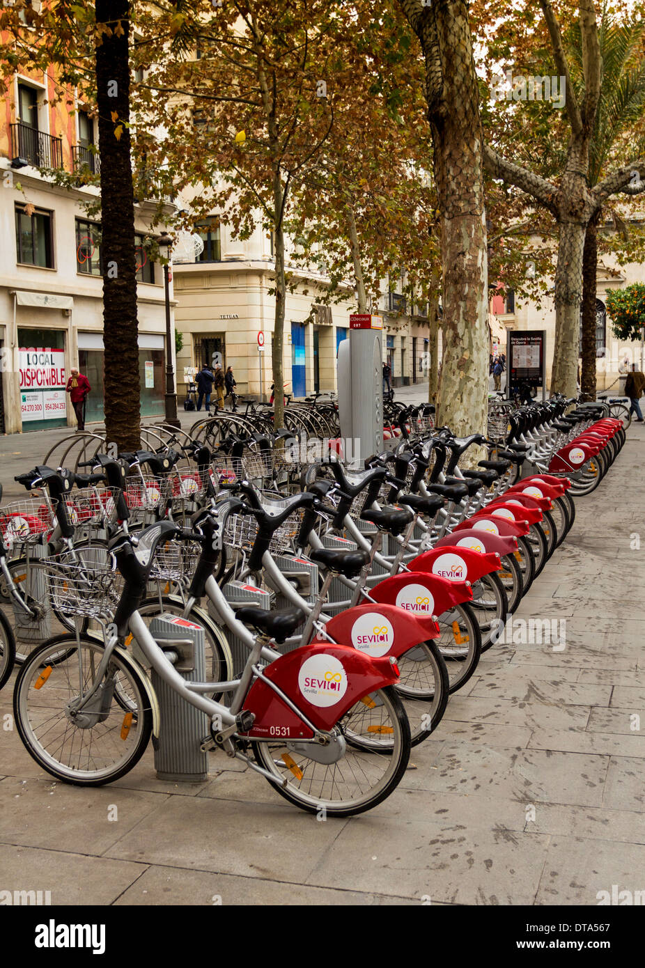 Séville espagne RANGÉES DE LOCATION DE BICYCLETTES DANS LE CENTRE-VILLE Banque D'Images