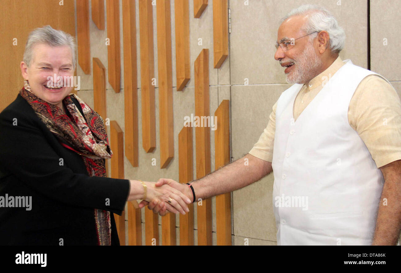 (140213) -- GANDHINAGAR, le 13 février 2014 (Xinhua) -- L'ambassadeur américain à l'Inde Nancy Powell (L), serre la main avec l'opposition de l'Inde Bharatiya Janata (BJP) candidat au poste de premier ministre Narendra Modi à Gandhinagar, Inde, le 13 février 2014. Les États-Unis terminé neuf années à un boycott de la controverse politique indien Narendra Modi, avec l'Ambassadeur américain Nancy Powell réunion la principale opposition Bharatiya Janata Party (BJP), candidat au poste de premier ministre pour les prochaines élections générales dans l'ouest de l'État de Gujarat, jeudi. (Xinhua) Banque D'Images