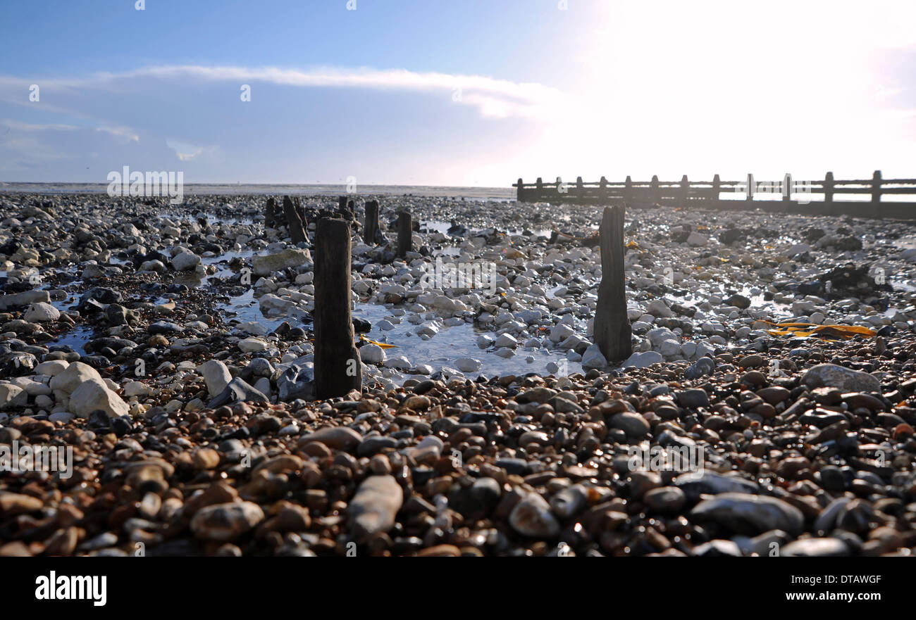 Les récentes tempêtes et grandes marées ont mis à Old World War 2 défenses de la mer le long des plages à Ferring près de Worthing UK Banque D'Images