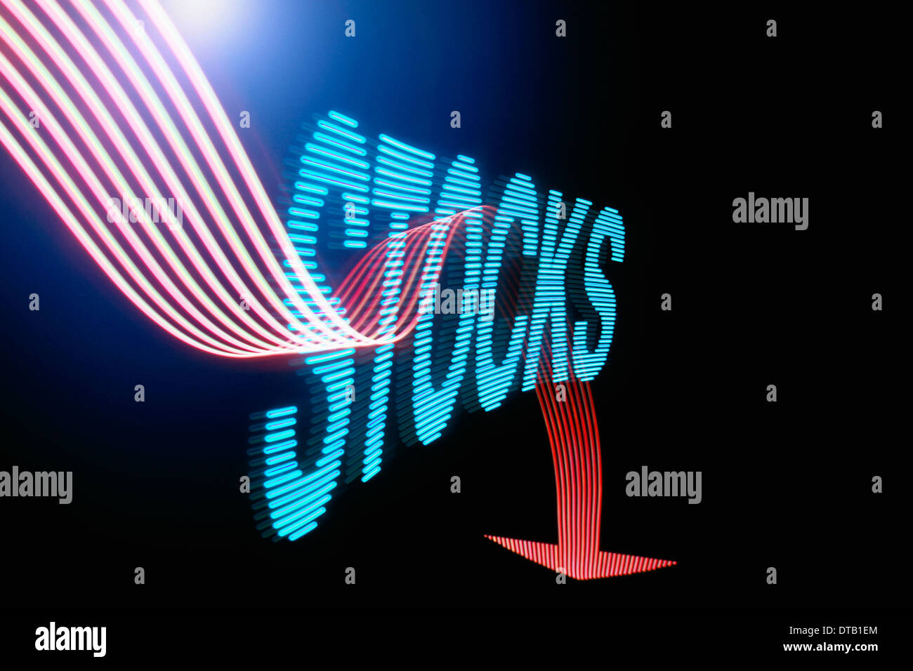 Flèche vers le signe et le texte "stocks" avec effet de lumière Banque D'Images