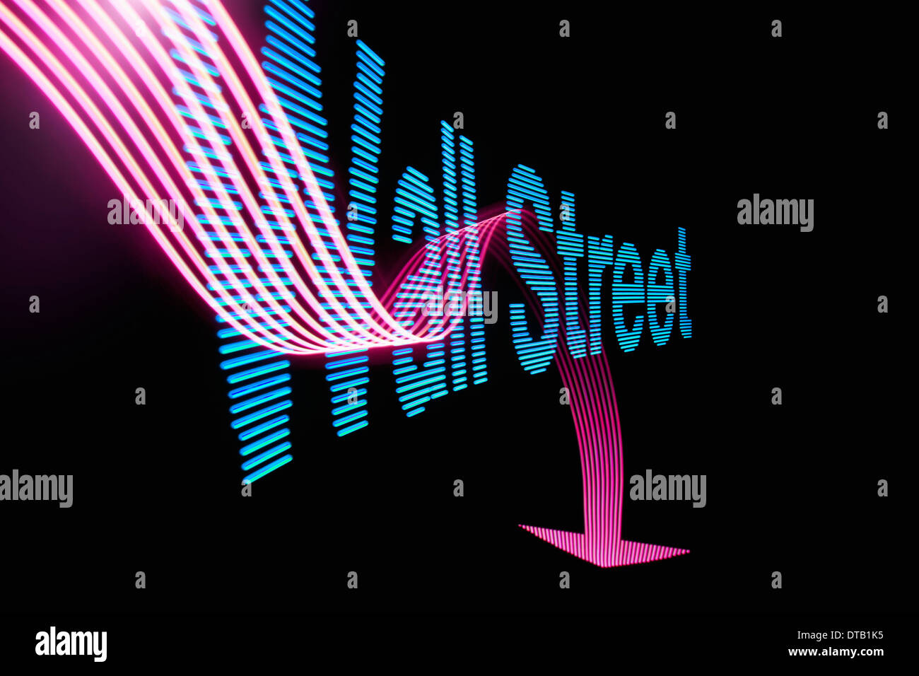 Flèche vers le signe et le texte "Wall Street" avec effet de lumière Banque D'Images