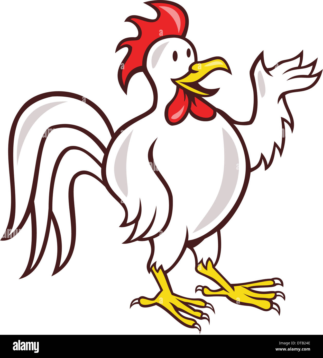 Illustration d'un coq coquelet face à côté disant bonjour situé sur fond isolé fait en style cartoon. Banque D'Images