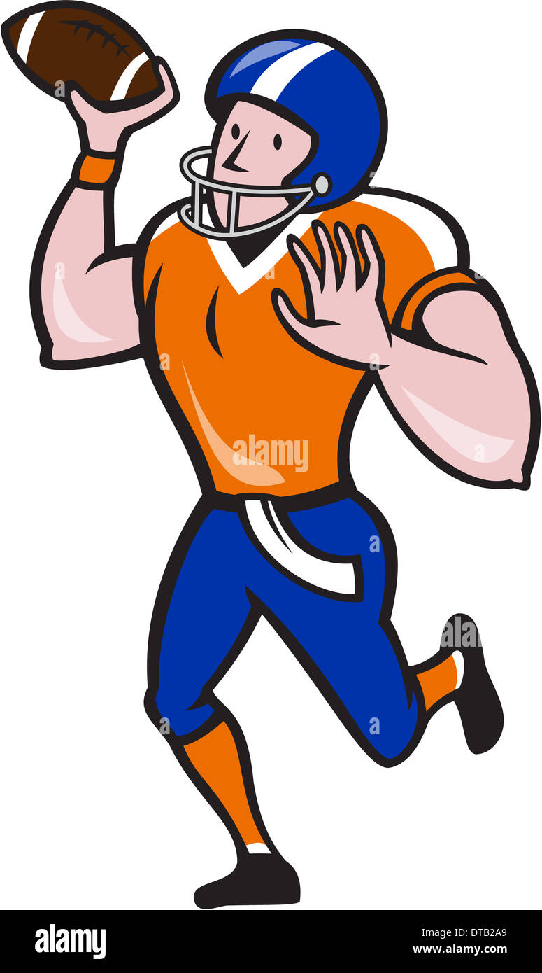 Illustration d'un joueur américain de football gridiron quarterback lanceur ball face à l'avant sur fond isolé fait en style cartoon. Banque D'Images