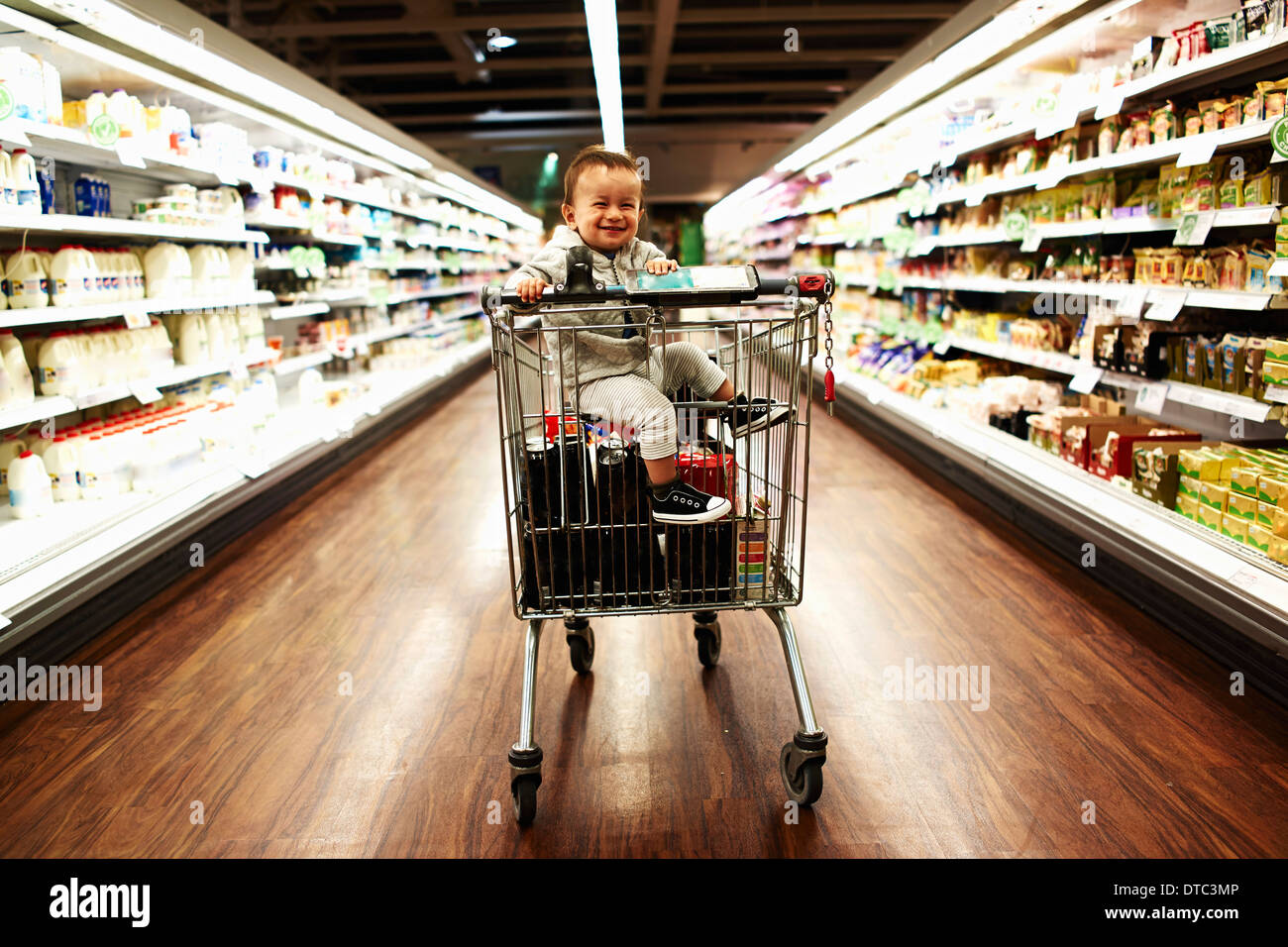Baby Boy sitting in supermarket trolley Banque D'Images