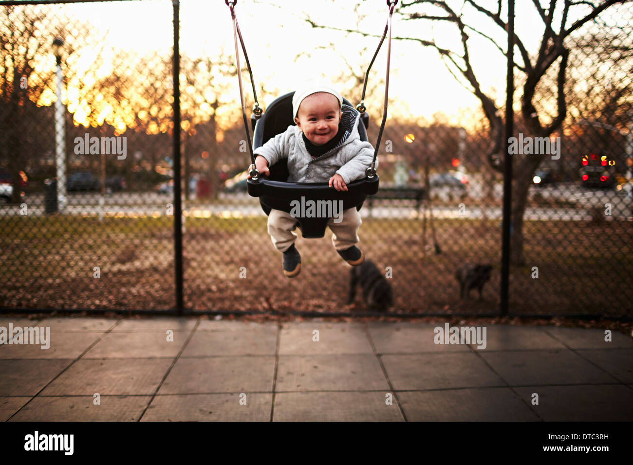 Baby Boy sitting on swing in park Banque D'Images