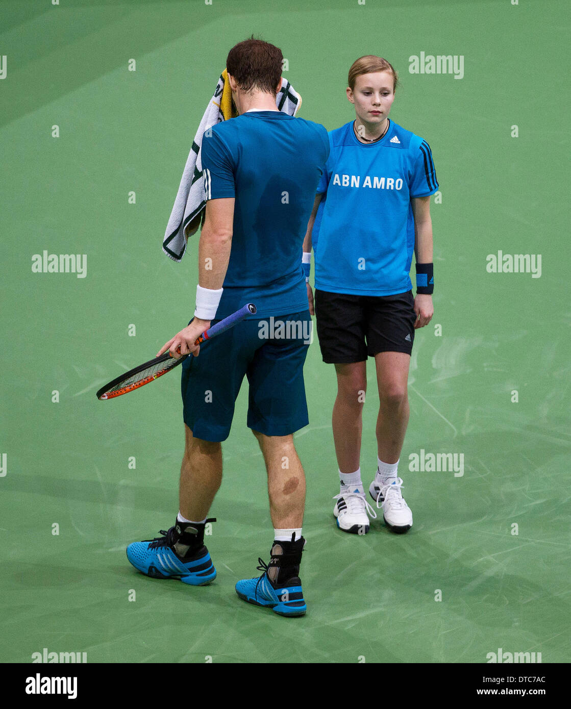 Rotterdam, aux Pays-Bas. Feb 14, 2014. ABN AMRO World Tennis Tournament Andy Murray (GRB) obtient une serviette d'un ballboy dans son match contre Marin Cilic(KRO) Photo:Tennisimages/Henk Koster/Alamy Live News Banque D'Images