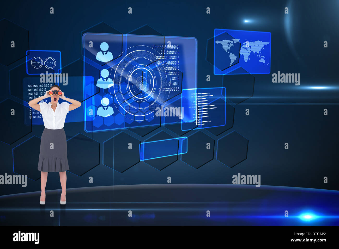 Composite image of businesswoman looking through binoculars Banque D'Images