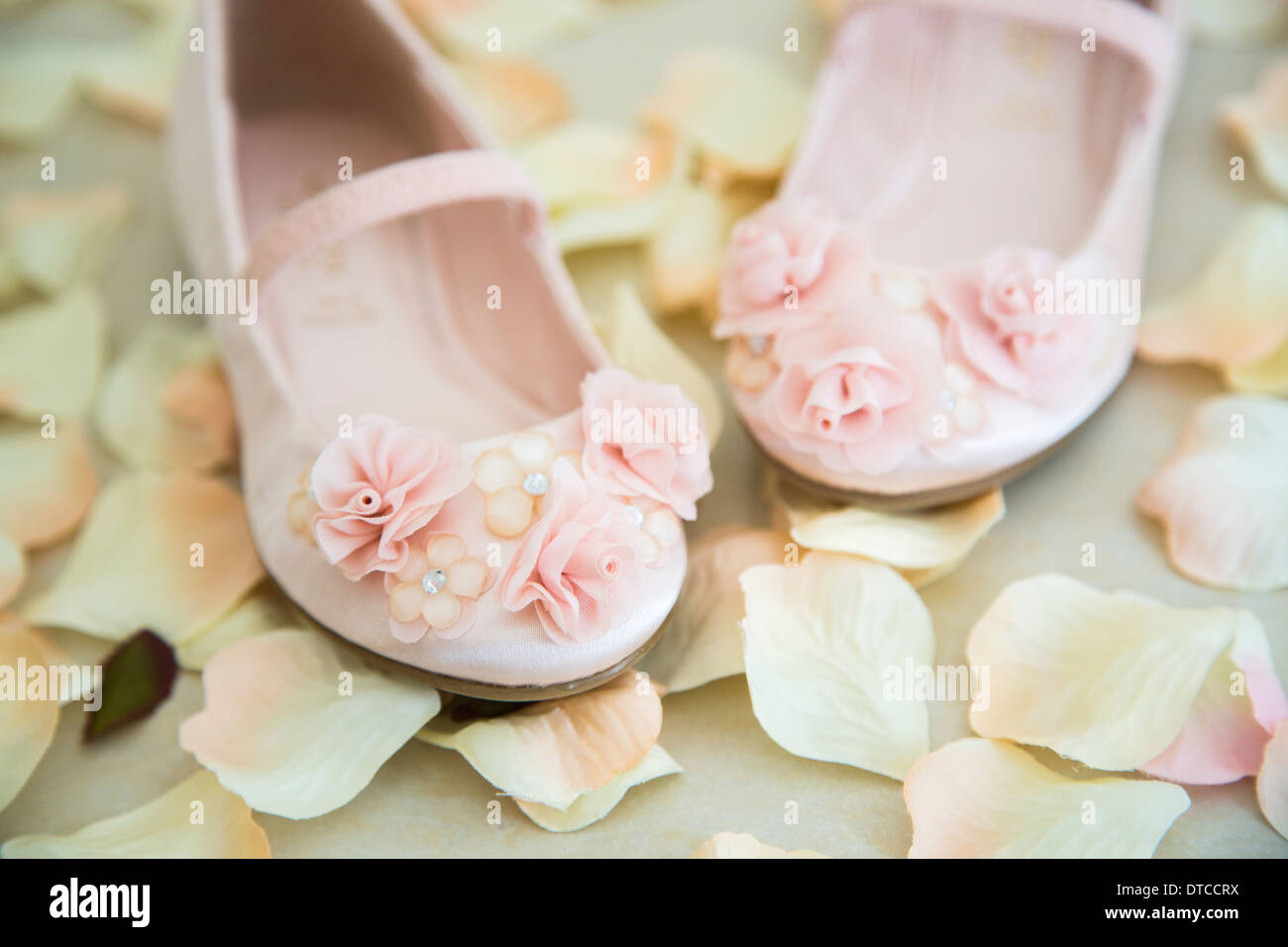 Jolie paire de chaussures de ballet rose/Les pompes avec un tissu rose décorations pour une jeune demoiselle comme accessoires de mariage Banque D'Images