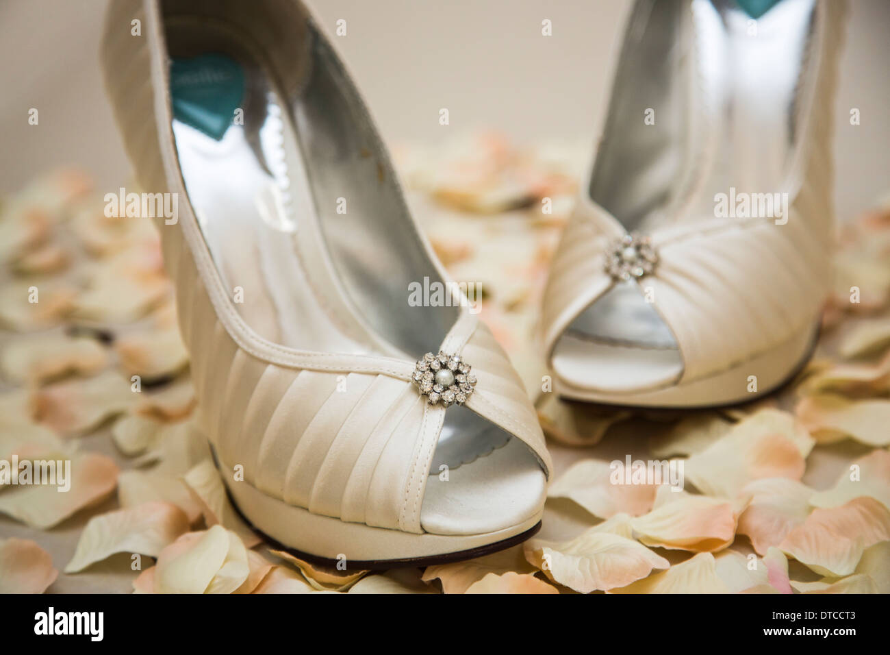 Satin blanc élégantes chaussures à talons hauts avec effet diamant sparky décoration pour une mariée, avec des pétales de rose Banque D'Images