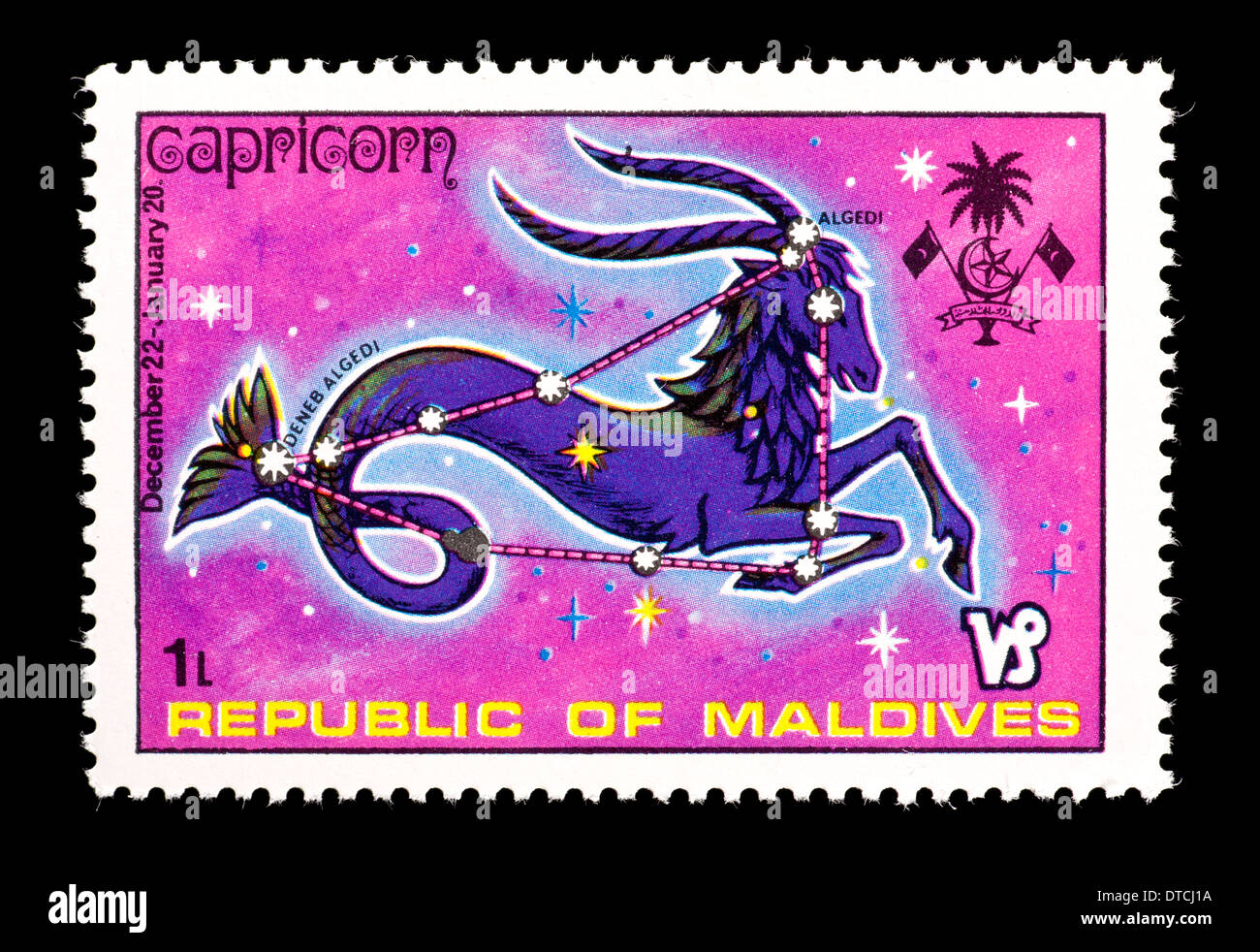 Timbre-poste de la Maldives représentant la constellation du Capricorne. Banque D'Images