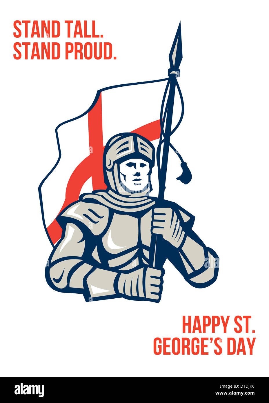 Carte de vœux de l'affiche Illustration de chevalier en armure complète portant le drapeau Anglais Angleterre fait dans le style rétro avec des mots heureux le jour de la Saint-Georges Debout être fiers. Banque D'Images