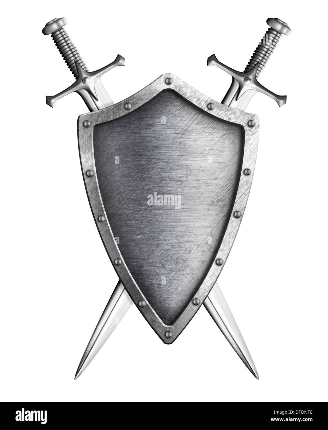 De protection en métal avec deux épées croisées isolated on white Banque D'Images