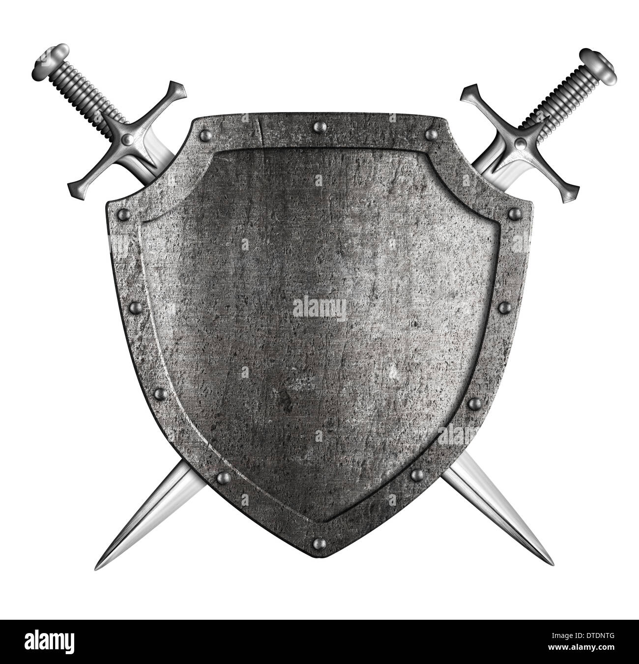 De protection en métal avec deux épées croisées isolated on white Banque D'Images