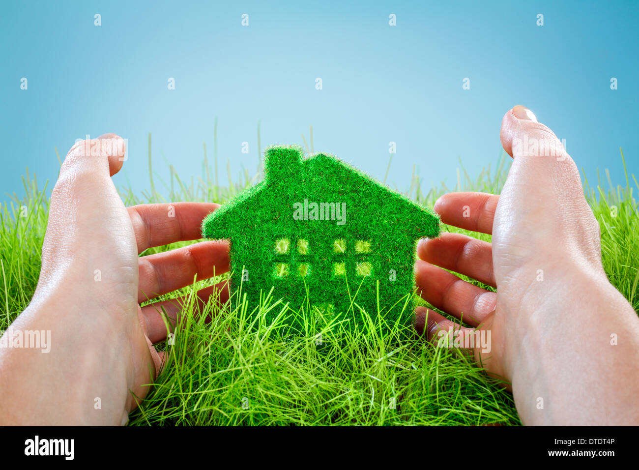 Eco House in Green grass protégés par la main d'homme sur fond bleu. Banque D'Images