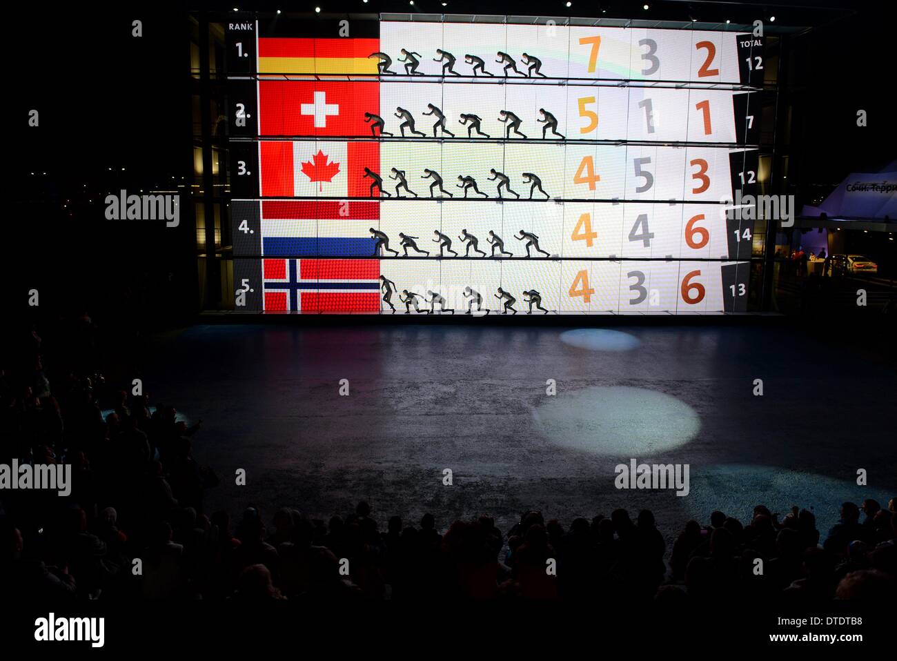 Le nombre de médailles vivant sur un mur de LED dans le parc olympique de Sotchi à l'Jeux olympiques de 2014, à Sotchi, Russie, 15 février 2014. Les Jeux Olympiques d'hiver de 2014 à Sotchi vont de 07 à 23 février 2014. Photo : Frank May Banque D'Images