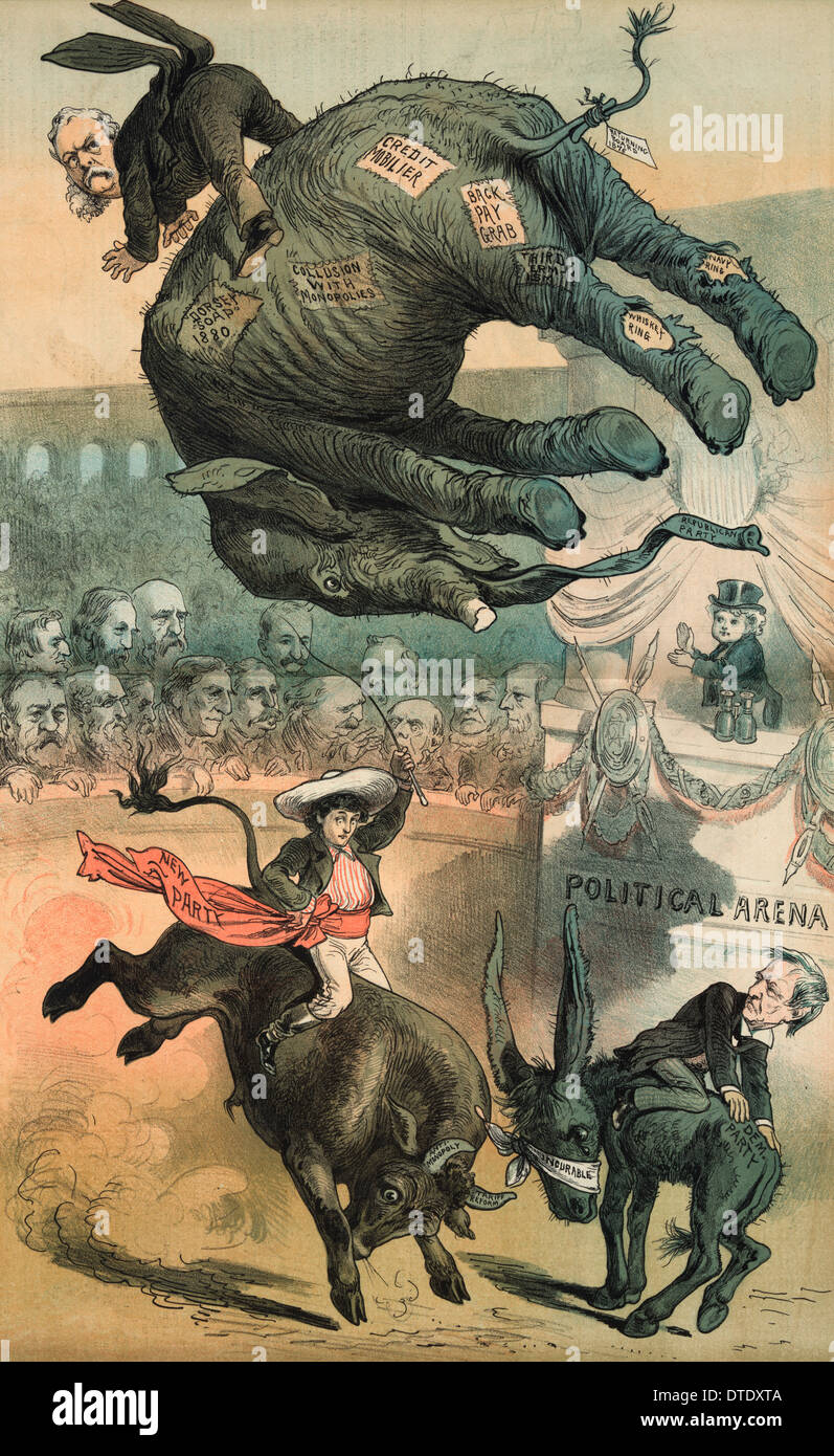 Caricature politique 1882 Chester A. Arthur équitation l'éléphant républicain haut jeté en l'air dans une "arène politique' Banque D'Images
