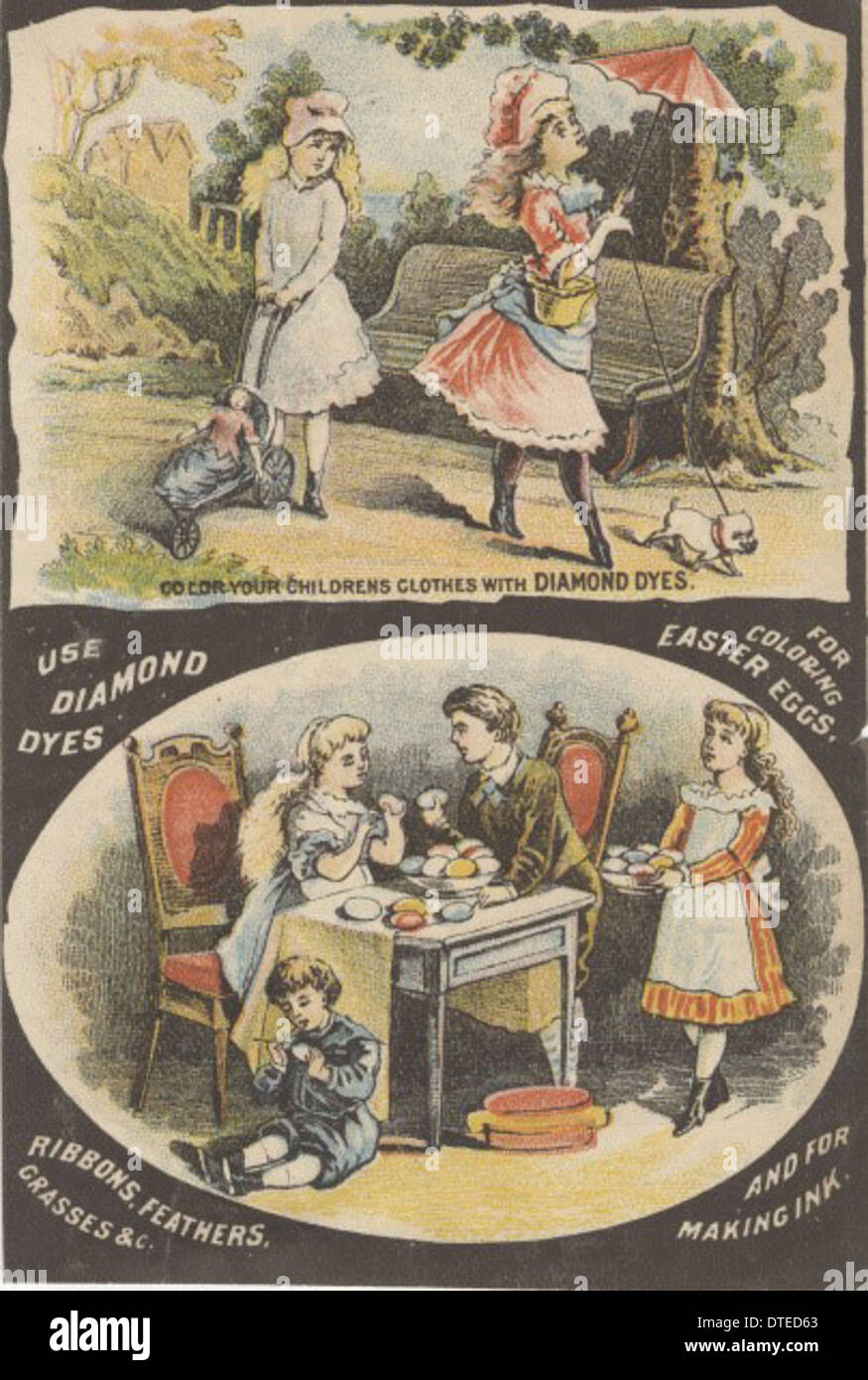 Cette carte commerciale victorienne fait la promotion des peintures diamantées, mettant l'accent sur son utilisation pour teindre les œufs de Pâques et peindre les vêtements. La carte présente des images d'enfants, de vêtements et d'animaux de compagnie, reflétant l'attrait du marché des peintures et des teintures. Banque D'Images