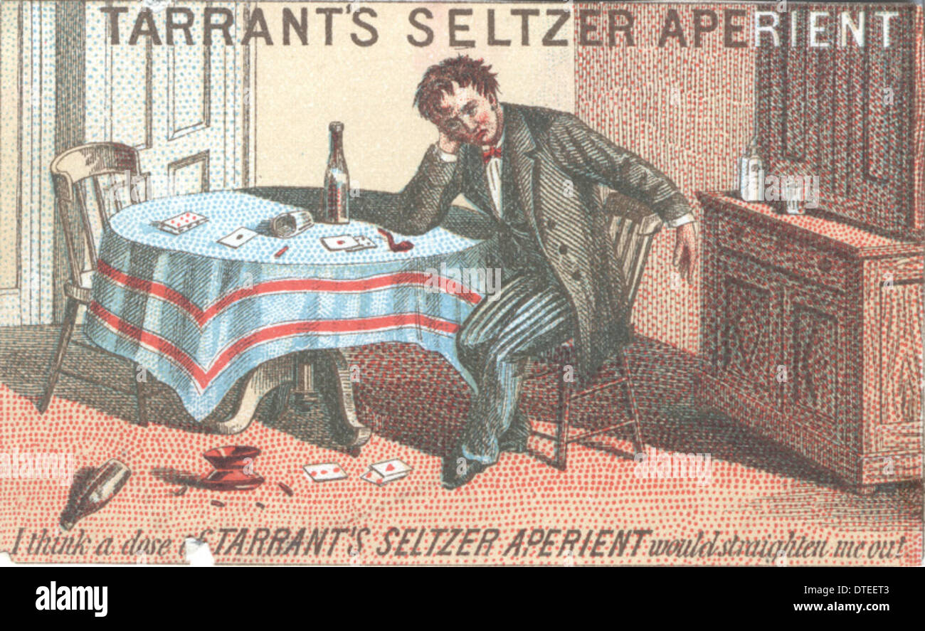 La carte commerciale Seltzer Aperient de Tarrant met en évidence un produit pour la santé digestive, commercialisé pour soulager la gueule de bois et améliorer le bien-être. La carte comporte des images de jeux de cartes, de produits du tabac fumé et d'hommes, reflétant la culture de loisirs victorienne. Il fait partie de la collection historique de l’Université de Miami, illustrant la commercialisation des produits médicinaux et des boissons à l’époque. Banque D'Images