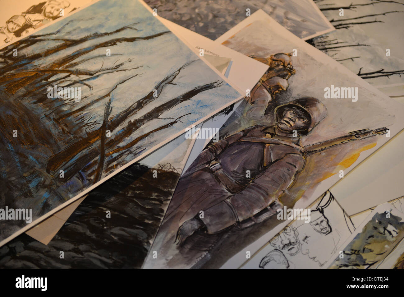 Melle, Allemagne. 06Th Feb 2014. Croquis de l'artiste allemand Peter Eickmeyer graphique du roman 'le' adapté de l'ouvrage de Erich Maria Remarque à 'Alte Posthalterei" à Melle, Allemagne, 03 février 2014. Photo : Carmen Jaspersen/dpa/Alamy Live News Banque D'Images