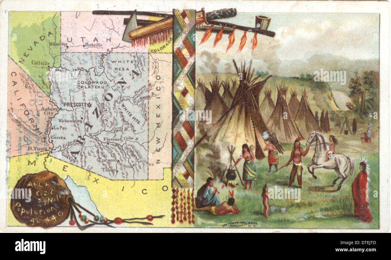 Une publicité de Arbuckle Bros. Coffee Company présentant des cartes, des images amérindiennes et des thèmes de l'État. La publicité lie l'industrie du café à la frontière et à l'expansion américaines, reflétant la fierté nationale. Banque D'Images