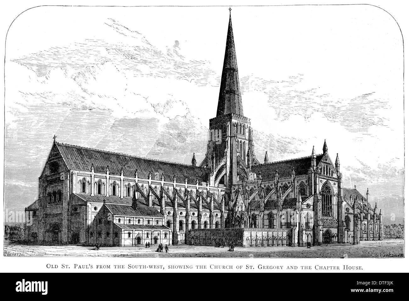 Vieux Saint Paul's du sud-ouest, montrant l'église de Saint Grégoire et la salle du chapitre détruit en grand feu 1666 Banque D'Images