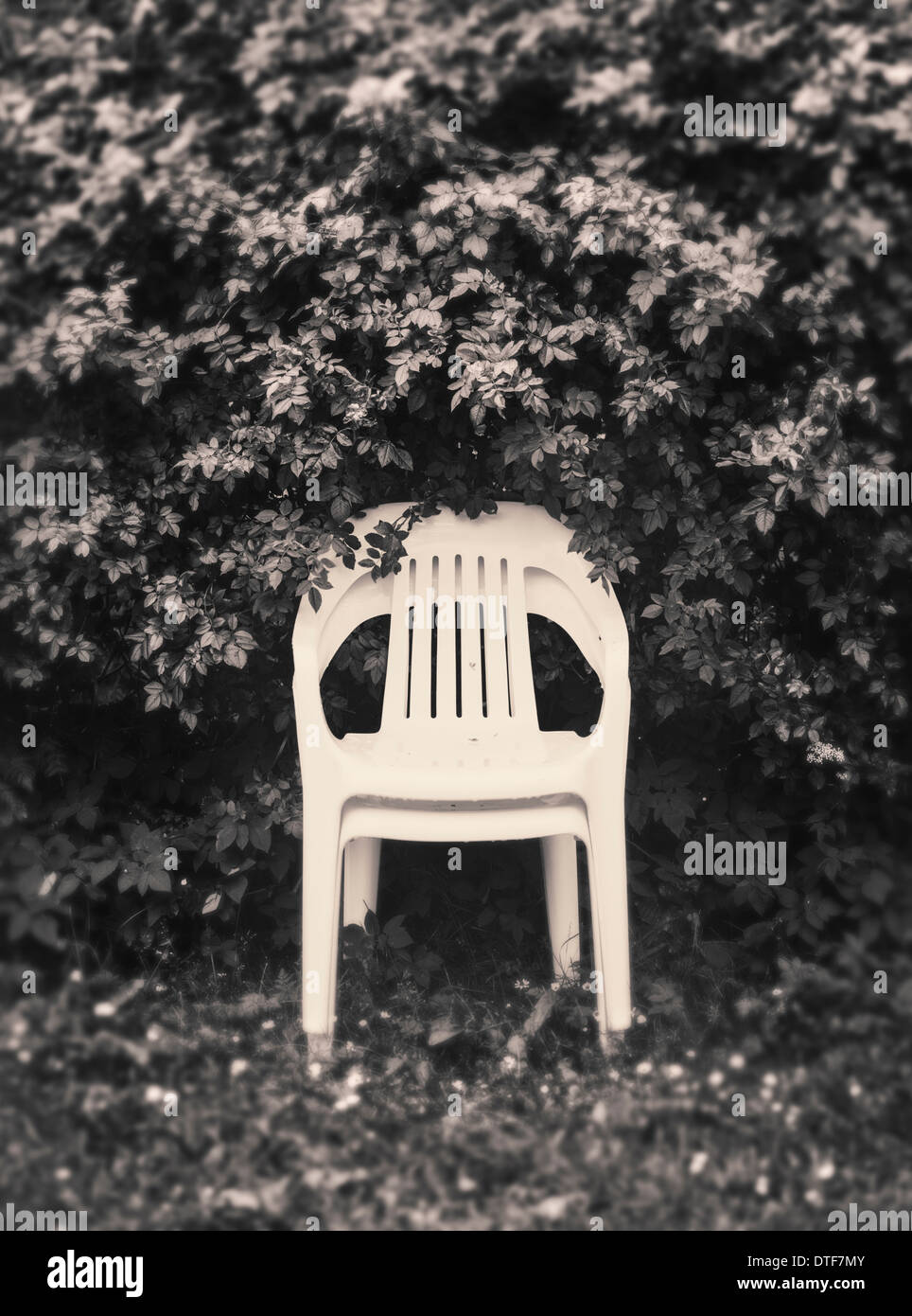 Deux chaises en plastique dans le jardin vide, l'un sur l'autre Banque D'Images