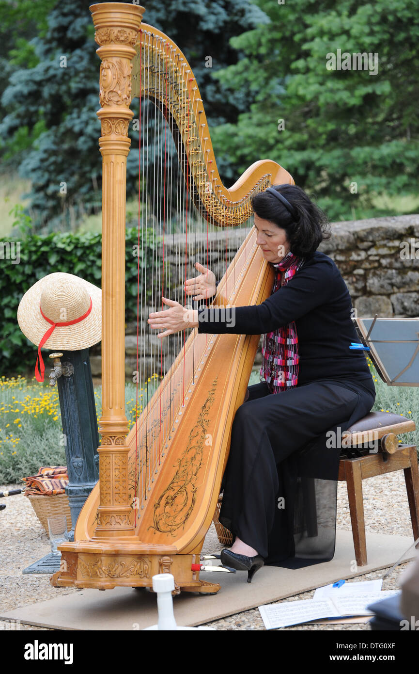 Lady musician playing harp en France Banque D'Images