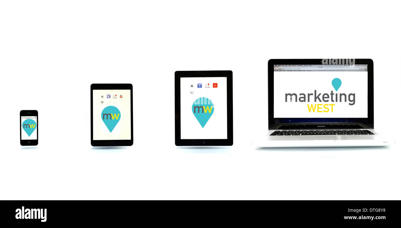 Iphone, ipad mini, ipad et macbook organisées petites à grandes sur fond blanc Banque D'Images