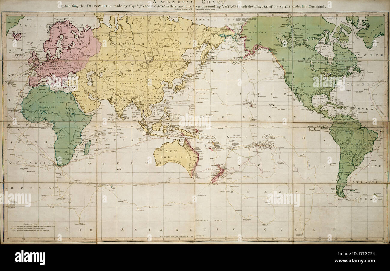 Carte du monde montrant les voyages Cook 1784 Banque D'Images