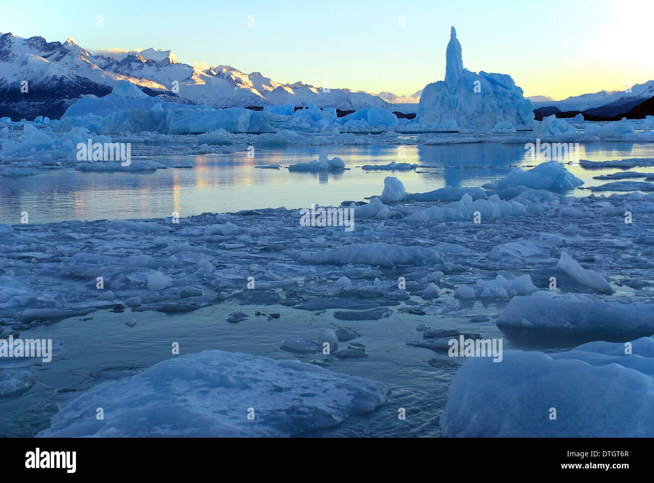 Lago argentino d'icebergs au lever du soleil, près de Perito Moreno Glacier, hautes Andes, près d'El Calafate, en Patagonie, Argentine Banque D'Images