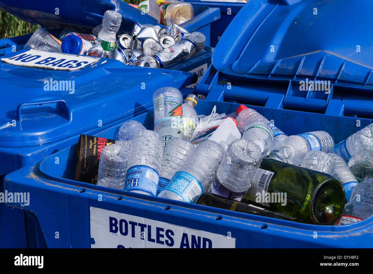 Les bacs de recyclage de plastique, verre et des récipients en aluminium. Banque D'Images