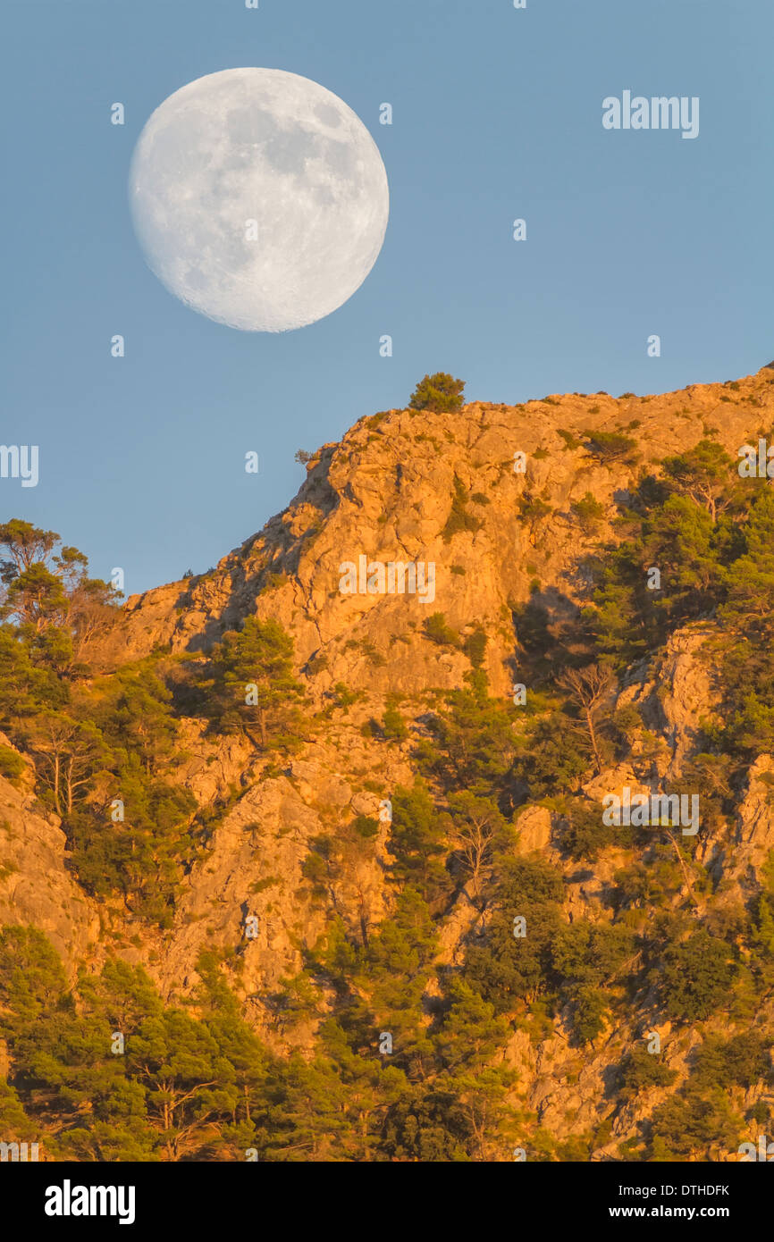 Du vrai pleine lune croissante au Puig des Teix mountain au coucher du soleil. Montagnes de Tramuntana, Deià, Majorque, îles Baléares, Espagne Banque D'Images