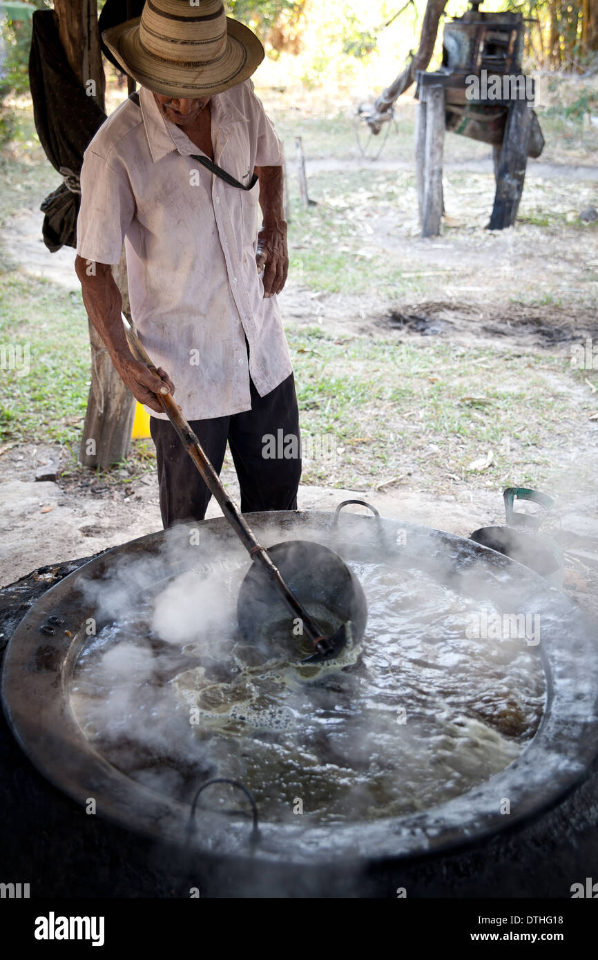 Un fermier panaméen fait bouillir du jus de canne à sucre dans sa petite ferme à El Rosario, près de Penonome, dans la province de Cocle, République du Panama, Amérique centrale. Banque D'Images