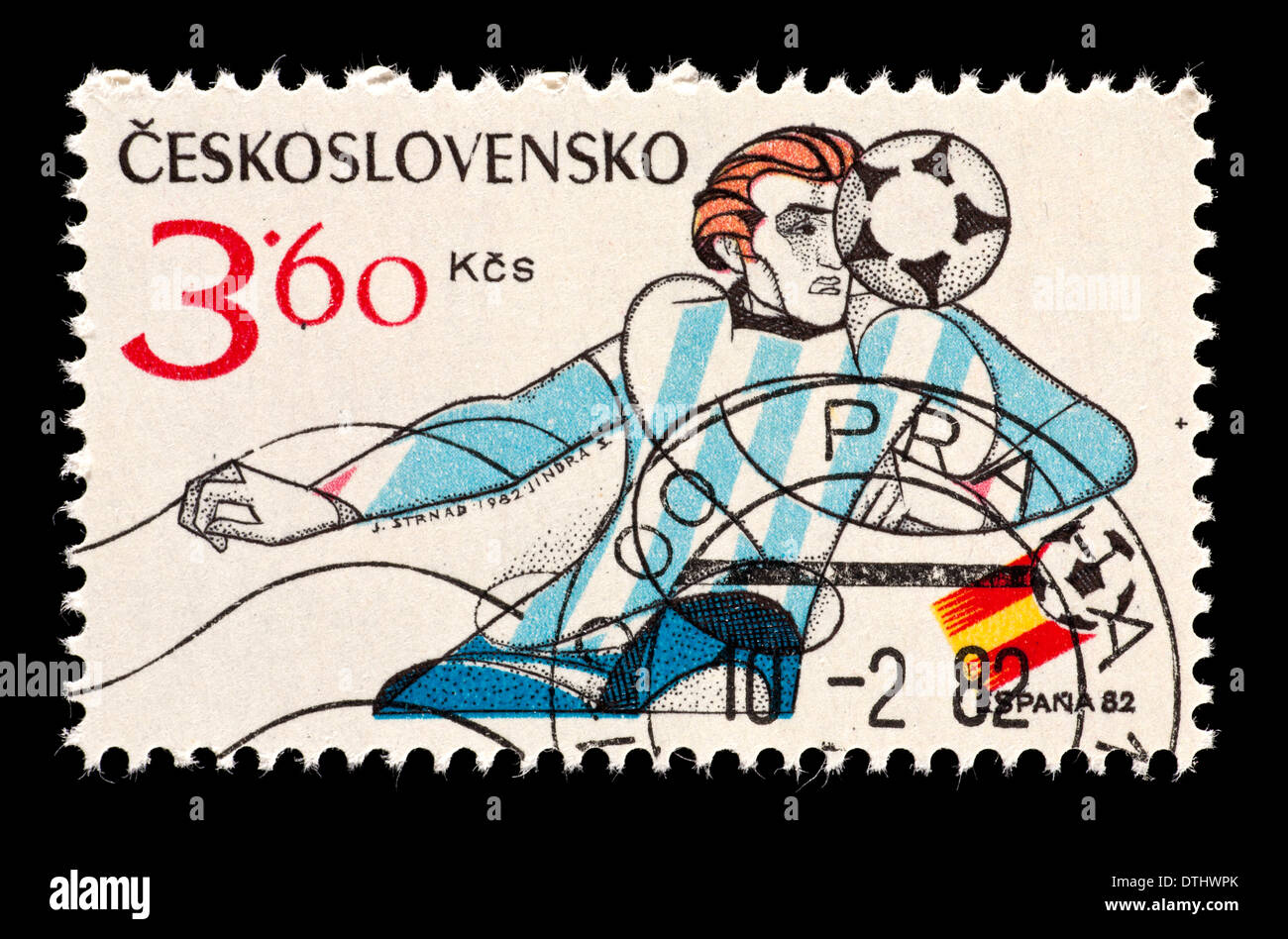 Czechosloavkia de timbre-poste représentant un joueur de football, émis pour la Coupe du Monde 1982 en Espagne, 1982. Banque D'Images