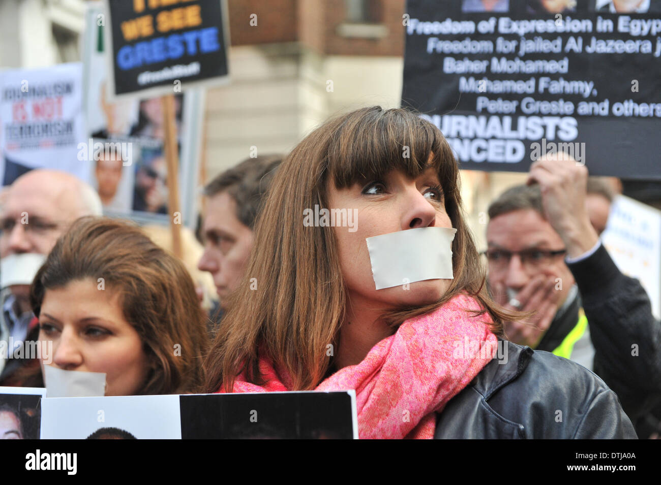 South Street, London, UK. 19 février 2014. Sue Turton de Al Jazeera English, ainsi que les membres du NUJ exigeant la libération des journalistes détenus en Egypte. Crédit : Matthieu Chattle/Alamy Live News Banque D'Images