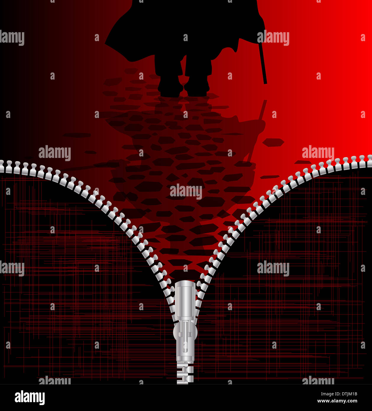 Une fermeture éclair sur un tissu sombre avec Jack the Ripper derrière. Banque D'Images