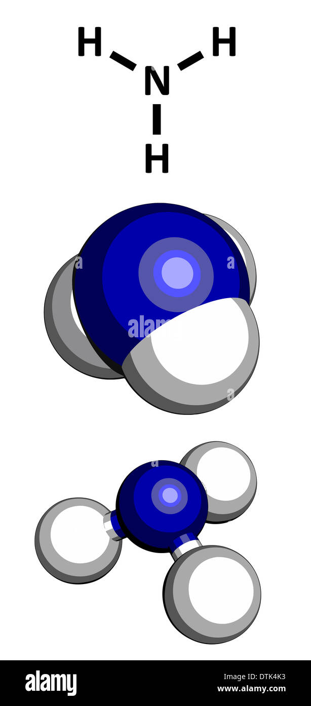 L'ammoniac (NH3). Trois représentations : formule topologique 2D, 3D space-modèle de remplissage et 3D ball-and-stick modèle. Banque D'Images