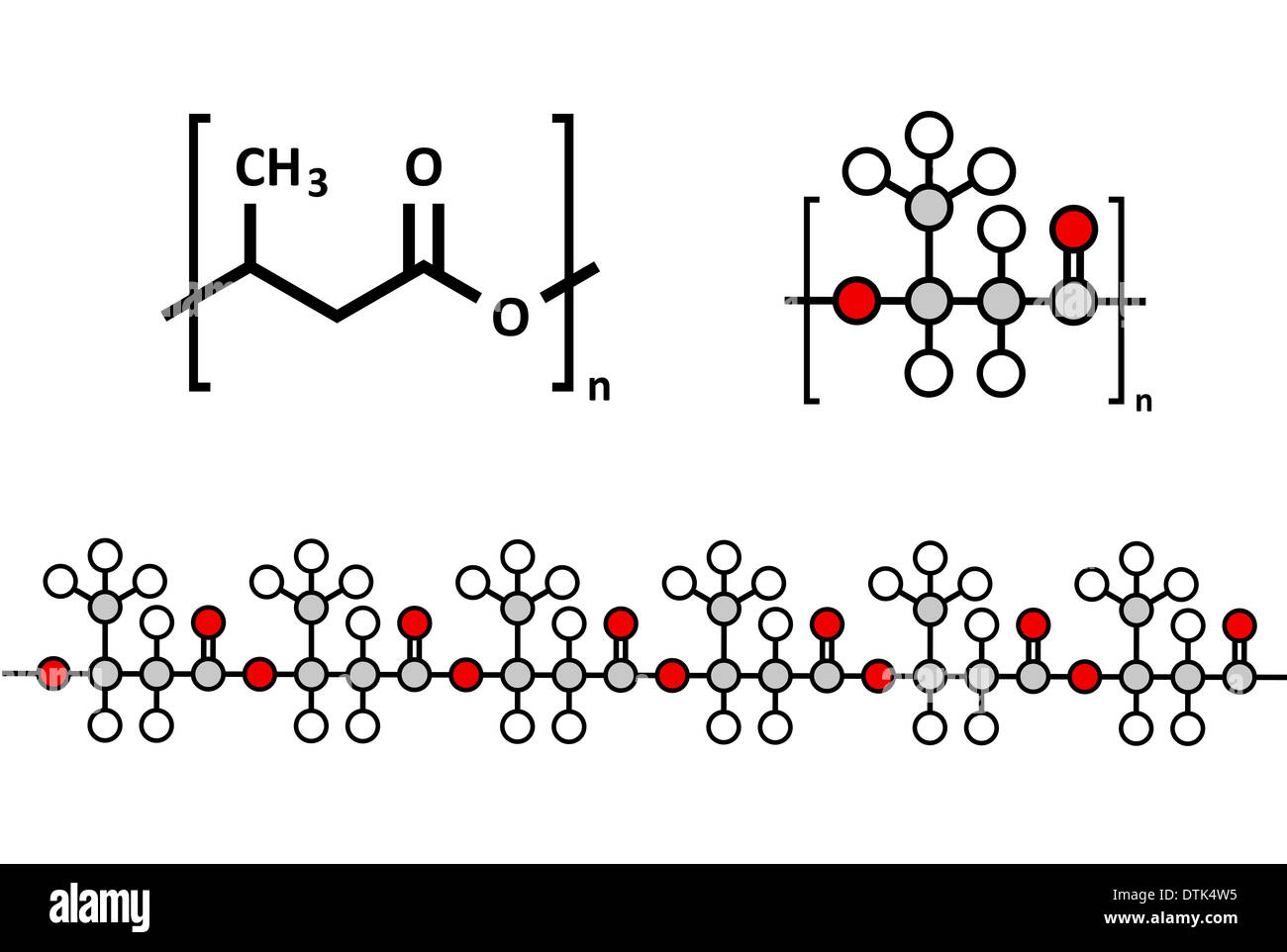 Polyhydroxybutyrate (PHB) en plastique biodégradable, structure chimique. Polymère qui est à la fois bio-compostables et dérivés. Banque D'Images