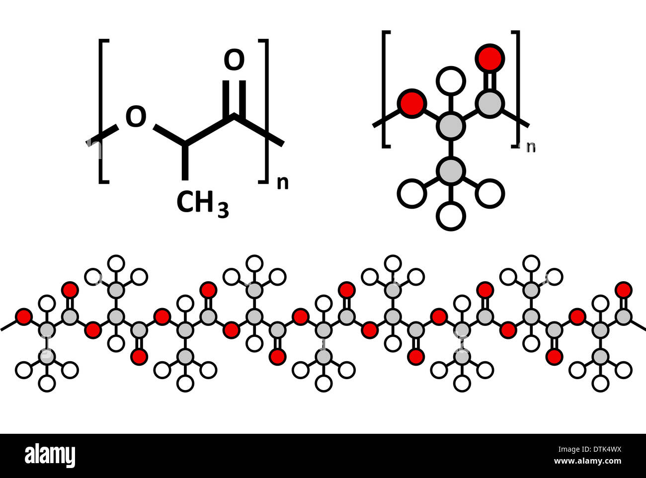 L'acide polylactique (PLA polylactide), bioplastique, structure chimique. Compostable polymère utilisé dans les implants médicaux, conditionnement, ... Banque D'Images