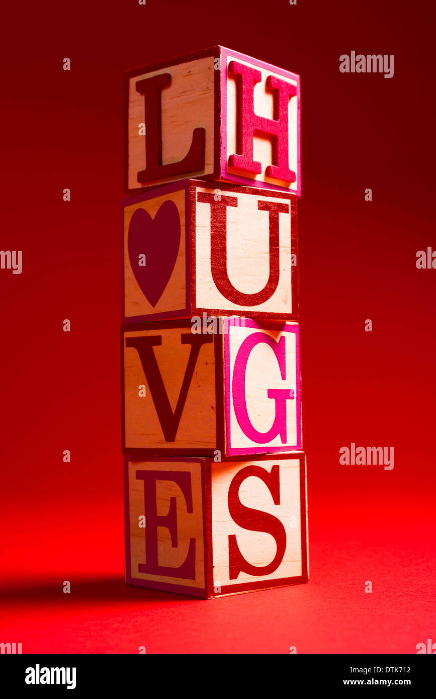 Saint-valentin décoration avec le mot amour dans wooden alphabet blocks sur fond rouge Banque D'Images