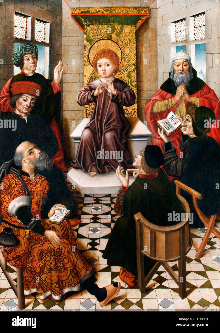 Diego de la Cruz, le Christ Enfant parmi les docteurs 1476-1500 Huile sur toile. Musée de Lazaro Galdiano, Madrid, Espagne. Banque D'Images