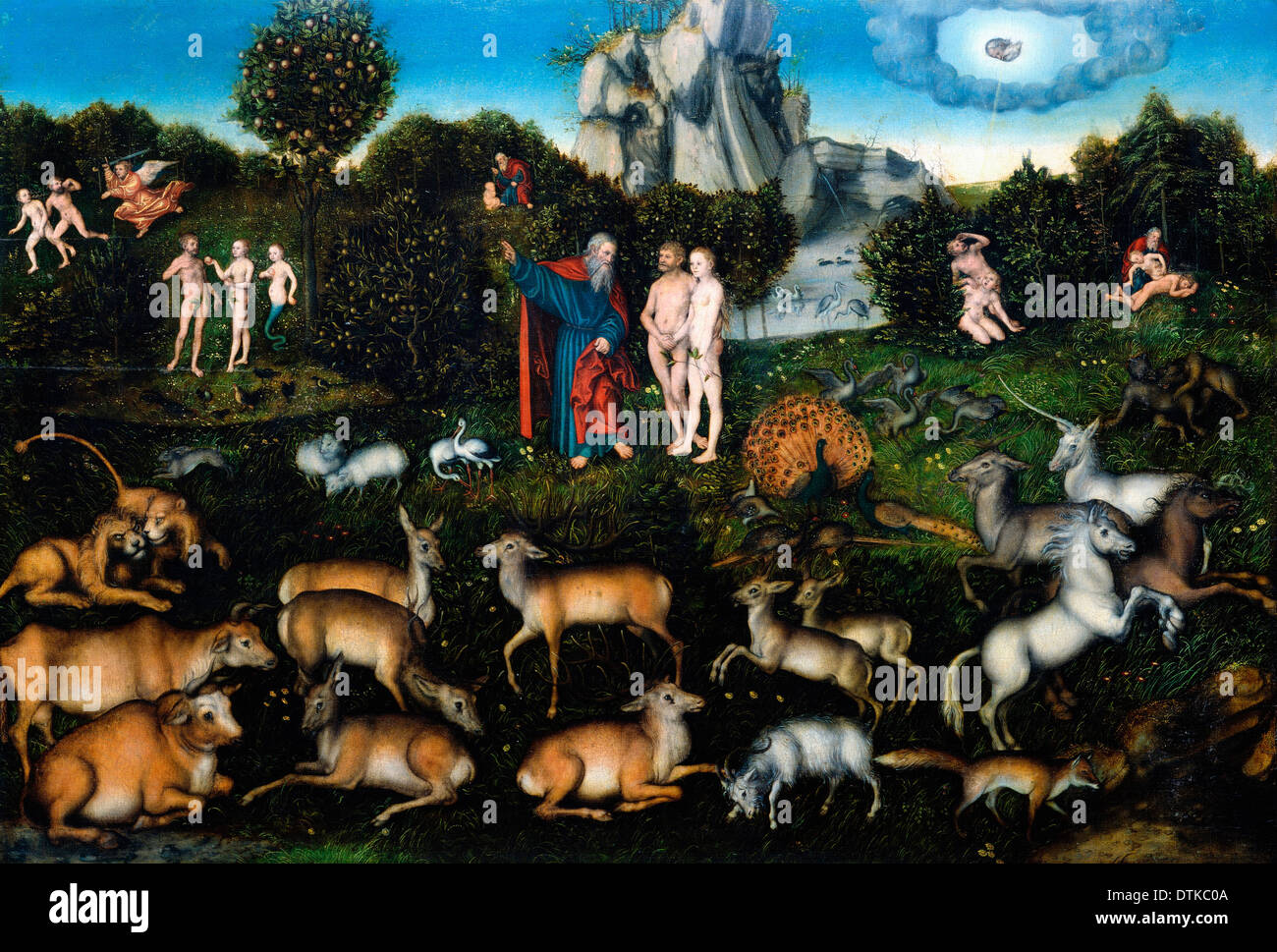 Lucas Cranach l'ancien, le jardin d'Eden 1530 Huile sur panneau. Gemaldegalerie, Berlin, Allemagne. Banque D'Images