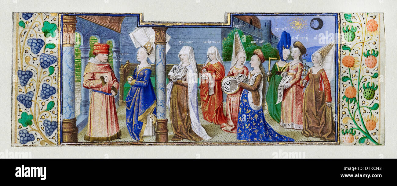 Maître de Coetivy, Philosophie présentant les sept arts libéraux à Boëthius. Circa 1460-1470 Tempera couleurs, feuilles d'or, parchemin. Banque D'Images