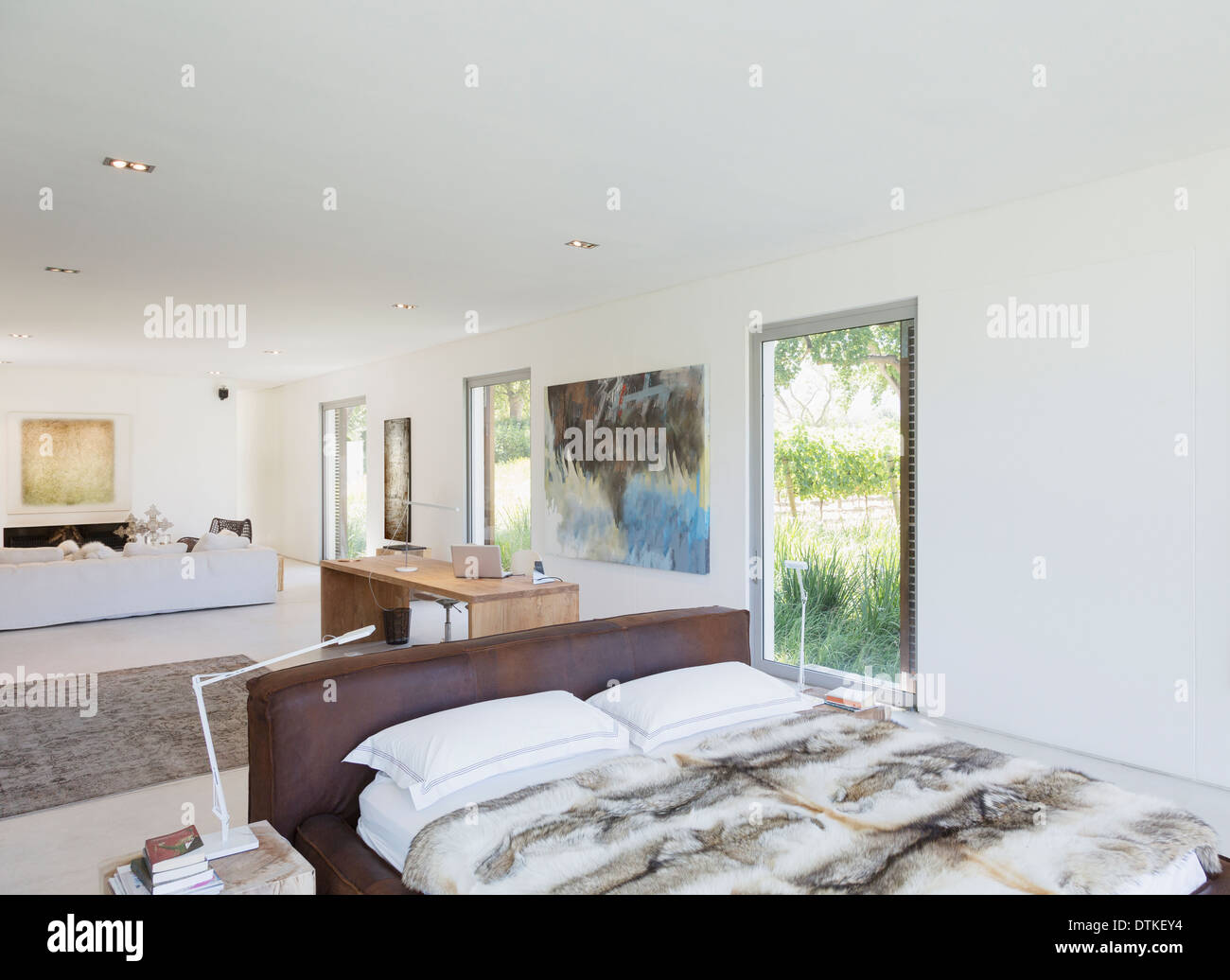 Lit dans un espace de vie moderne Banque D'Images