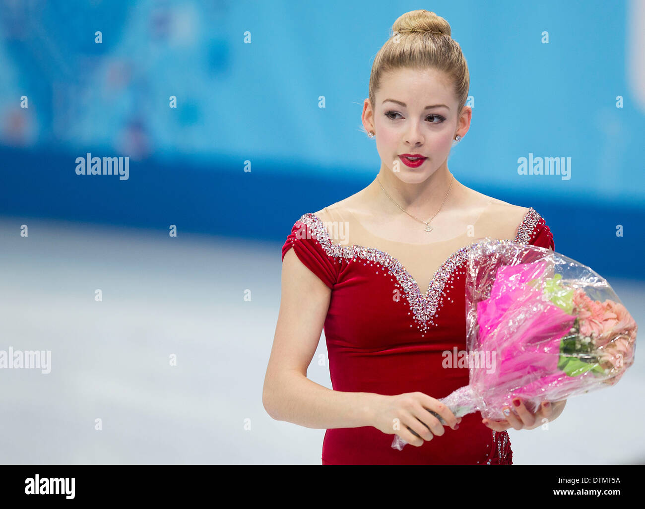 Sochi, Russie. Feb 19, 2014. 2/19/2014 Sotchi, Russie. | Women's Programme court en patinage artistique. Gracie Gold (USA) après sa performance qui l'a mise en quatrième place à l'approche du programme Long.|Photo Sean M. Haffey UT San Diego. © U-T San Diego/ZUMAPRESS.com/Alamy Live News Banque D'Images