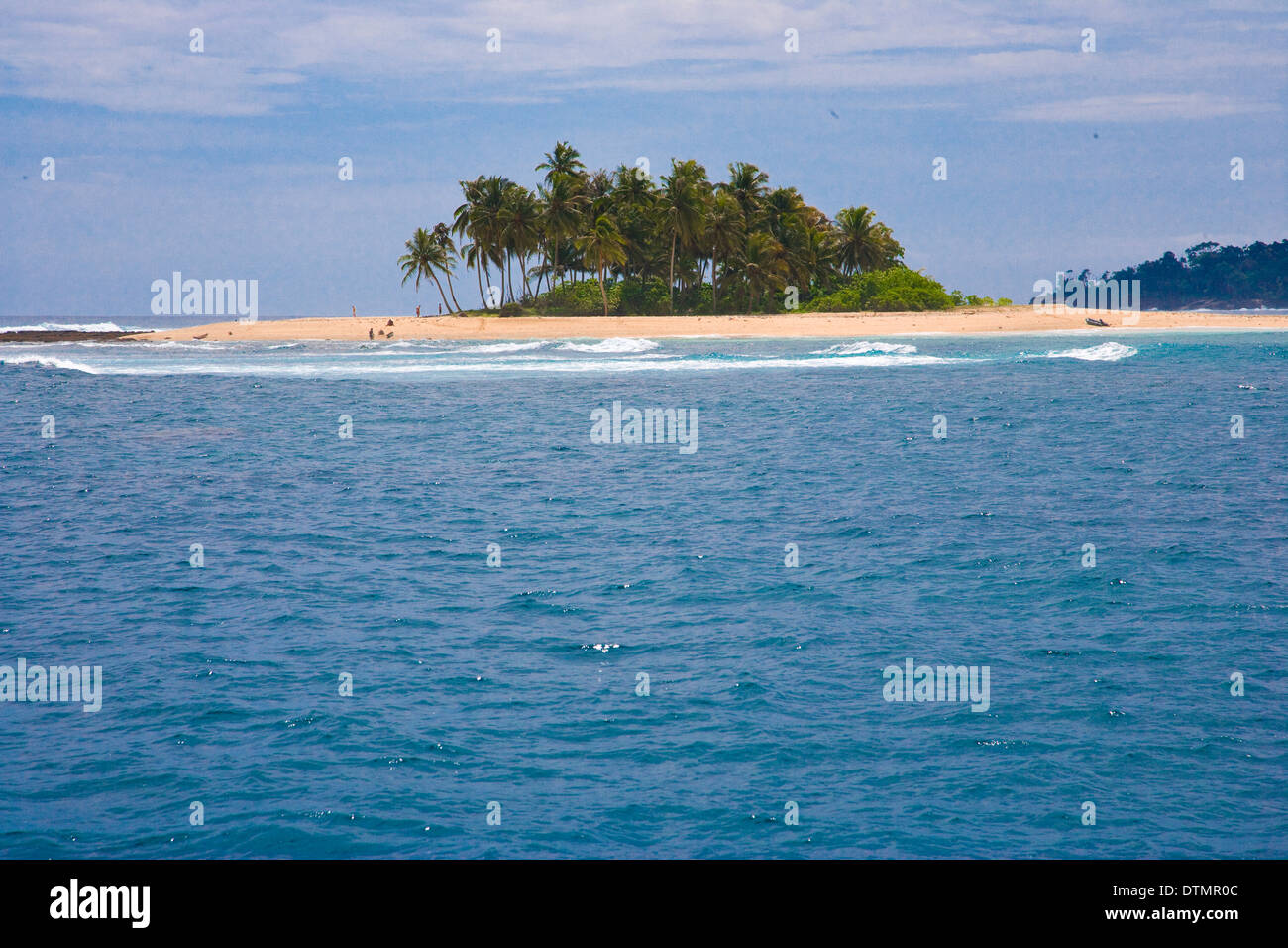 Île tropicale dans l'océan de l'eau mer vague avec des palmiers et du sable dans le paysage horizon Banque D'Images